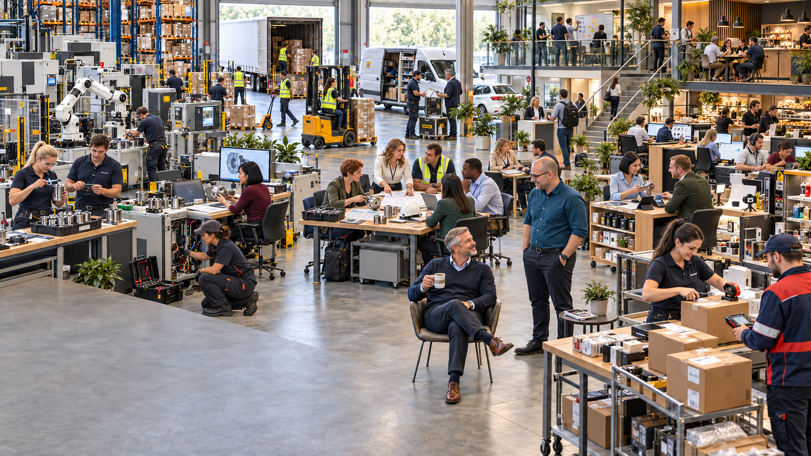 A bustling modern business: manufacturing, logistics, offices and retail share one space. A relaxed business owner sits with a coffee in the foreground.